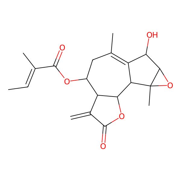 2D Structure of (11-Hydroxy-9,14-dimethyl-5-methylidene-4-oxo-3,13-dioxatetracyclo[8.4.0.02,6.012,14]tetradec-9-en-7-yl) 2-methylbut-2-enoate