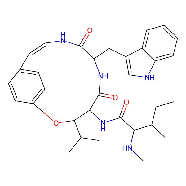 2D Structure of (2S,3S)-N-[(3S,4S,7S,10Z)-7-(1H-indol-3-ylmethyl)-5,8-dioxo-3-propan-2-yl-2-oxa-6,9-diazabicyclo[10.2.2]hexadeca-1(14),10,12,15-tetraen-4-yl]-3-methyl-2-(methylamino)pentanamide