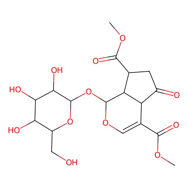 2D Structure of dimethyl 5-oxo-1-[3,4,5-trihydroxy-6-(hydroxymethyl)oxan-2-yl]oxy-4a,6,7,7a-tetrahydro-1H-cyclopenta[c]pyran-4,7-dicarboxylate