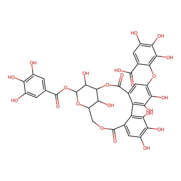2D Structure of 2-({1,2,3,11,17,18,19-Heptahydroxy-5,14-dioxo-10-[(3,4,5-trihydroxybenzoyl)oxy]-5,7,8,11,12,14-hexahydro-10H-8,12-methanodibenzo[j,l][1,4,8]trioxacyclotetradecin-16-yl}oxy)-3,4,5-trihydroxybenzoic acid