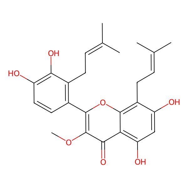 2D Structure of 2-[3,4-Dihydroxy-2-(3-methylbut-2-enyl)phenyl]-5,7-dihydroxy-3-methoxy-8-(3-methylbut-2-enyl)chromen-4-one
