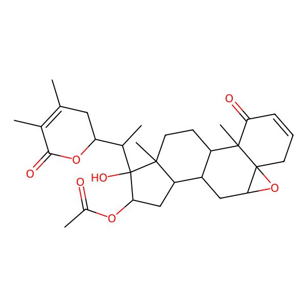 2D Structure of [15-[1-(4,5-Dimethyl-6-oxo-2,3-dihydropyran-2-yl)ethyl]-15-hydroxy-2,16-dimethyl-3-oxo-8-oxapentacyclo[9.7.0.02,7.07,9.012,16]octadec-4-en-14-yl] acetate