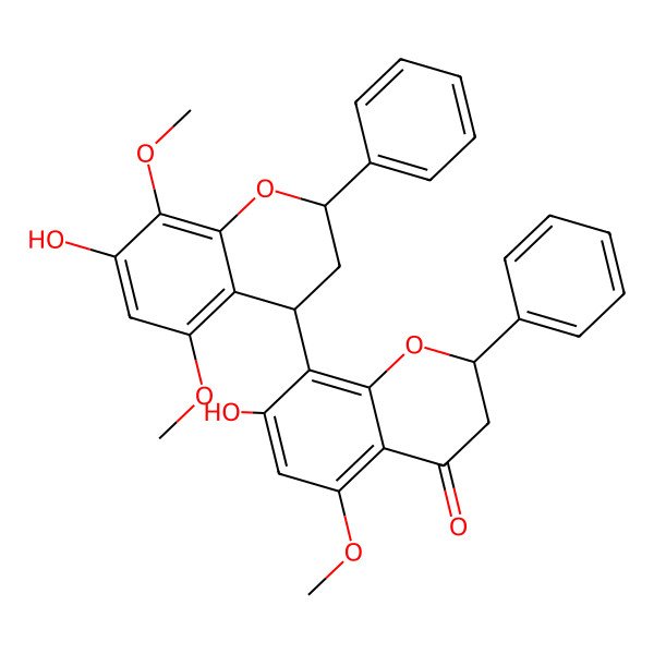 2D Structure of 7-hydroxy-8-(7-hydroxy-5,8-dimethoxy-2-phenyl-3,4-dihydro-2H-chromen-4-yl)-5-methoxy-2-phenyl-2,3-dihydrochromen-4-one