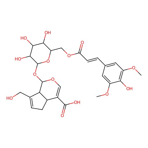 2D Structure of 7-(Hydroxymethyl)-1-[3,4,5-trihydroxy-6-[3-(4-hydroxy-3,5-dimethoxyphenyl)prop-2-enoyloxymethyl]oxan-2-yl]oxy-1,4a,5,7a-tetrahydrocyclopenta[c]pyran-4-carboxylic acid