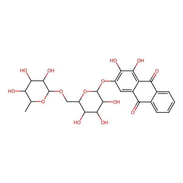 2D Structure of 1,2-dihydroxy-3-[(2S,3R,4S,5S,6R)-3,4,5-trihydroxy-6-[[(2R,3R,4R,5R,6S)-3,4,5-trihydroxy-6-methyloxan-2-yl]oxymethyl]oxan-2-yl]oxyanthracene-9,10-dione