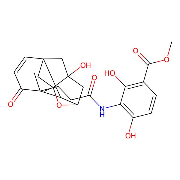 2D Structure of Methyl 2,4-dihydroxy-3-[3-(10-hydroxy-5,9-dimethyl-4-oxo-8-oxatetracyclo[7.2.1.17,10.01,6]tridec-2-en-5-yl)propanoylamino]benzoate