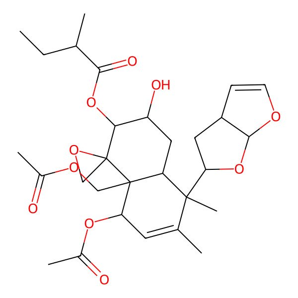 2D Structure of [5-(3a,4,5,6a-tetrahydrofuro[2,3-b]furan-5-yl)-8-acetyloxy-8a-(acetyloxymethyl)-3-hydroxy-5,6-dimethylspiro[3,4,4a,8-tetrahydro-2H-naphthalene-1,2'-oxirane]-2-yl] 2-methylbutanoate
