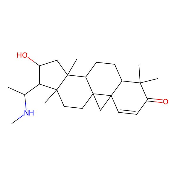 2D Structure of (3R,8R,11S,12S,14R,15S,16R)-14-hydroxy-7,7,12,16-tetramethyl-15-[(1S)-1-(methylamino)ethyl]pentacyclo[9.7.0.01,3.03,8.012,16]octadec-4-en-6-one