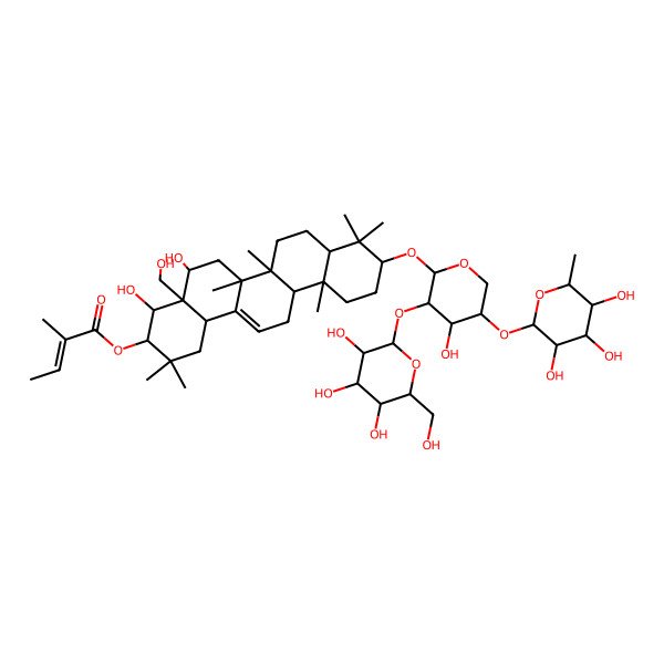 2D Structure of [4,5-Dihydroxy-4a-(hydroxymethyl)-10-[4-hydroxy-3-[3,4,5-trihydroxy-6-(hydroxymethyl)oxan-2-yl]oxy-5-(3,4,5-trihydroxy-6-methyloxan-2-yl)oxyoxan-2-yl]oxy-2,2,6a,6b,9,9,12a-heptamethyl-1,3,4,5,6,6a,7,8,8a,10,11,12,13,14b-tetradecahydropicen-3-yl] 2-methylbut-2-enoate