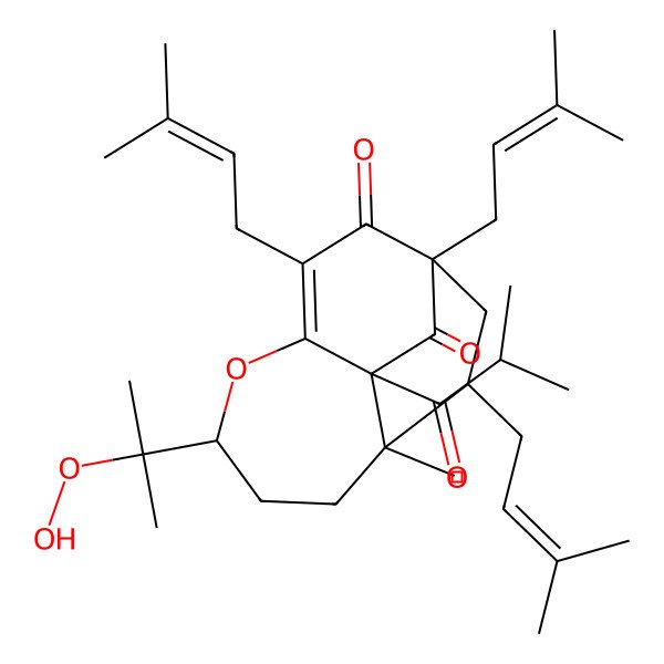 2D Structure of (1R,6S,9R,10S,13S)-6-(2-hydroperoxypropan-2-yl)-9-methyl-1,3,13-tris(3-methylbut-2-enyl)-10-(2-methylpropanoyl)-5-oxatricyclo[7.2.2.04,10]tridec-3-ene-2,11-dione