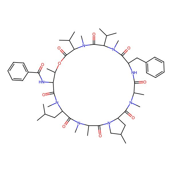 2D Structure of N-[19-benzyl-3,4,7,10,14,17,22,23,27-nonamethyl-6-(2-methylpropyl)-2,5,8,12,15,18,21,24-octaoxo-13,16-di(propan-2-yl)-11-oxa-1,4,7,14,17,20,23-heptazabicyclo[23.3.0]octacosan-9-yl]benzamide