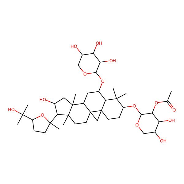 2D Structure of [(2S,3R,4S,5R)-4,5-dihydroxy-2-[[(1S,3R,6S,8R,9S,11S,12S,14S,15R,16R)-14-hydroxy-15-[(2R,5R)-5-(2-hydroxypropan-2-yl)-2-methyloxolan-2-yl]-7,7,12,16-tetramethyl-9-[(2S,3R,4S,5R)-3,4,5-trihydroxyoxan-2-yl]oxy-6-pentacyclo[9.7.0.01,3.03,8.012,16]octadecanyl]oxy]oxan-3-yl] acetate