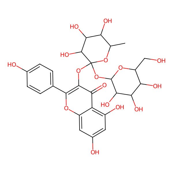 2D Structure of 5,7-dihydroxy-2-(4-hydroxyphenyl)-3-[(3S,4S,5S,6R)-3,4,5-trihydroxy-6-methyl-2-[(2R,3S,5S)-3,4,5-trihydroxy-6-(hydroxymethyl)oxan-2-yl]oxyoxan-2-yl]oxychromen-4-one