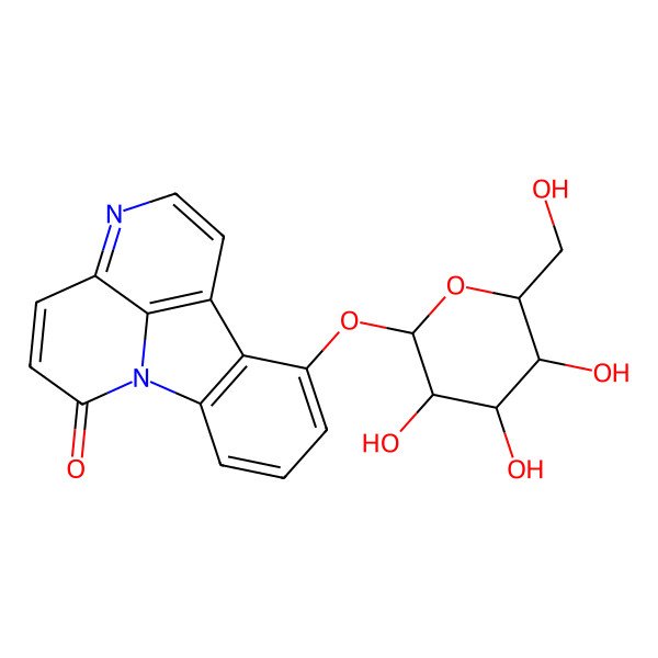 2D Structure of 11-[(2S,3R,4S,5S,6R)-3,4,5-trihydroxy-6-(hydroxymethyl)oxan-2-yl]oxy-1,6-diazatetracyclo[7.6.1.05,16.010,15]hexadeca-3,5(16),6,8,10,12,14-heptaen-2-one