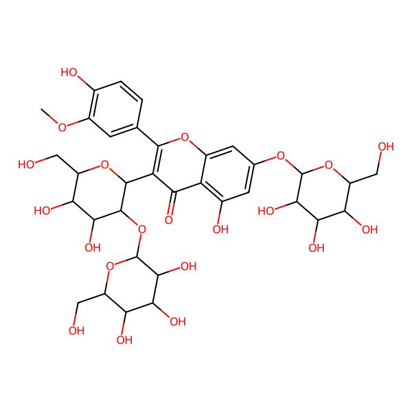 2D Structure of 3-[(2R,3S,4R,5S,6S)-4,5-dihydroxy-6-(hydroxymethyl)-3-[(2S,3R,4S,5S,6R)-3,4,5-trihydroxy-6-(hydroxymethyl)oxan-2-yl]oxyoxan-2-yl]-5-hydroxy-2-(4-hydroxy-3-methoxyphenyl)-7-[(2S,3R,4S,5S,6R)-3,4,5-trihydroxy-6-(hydroxymethyl)oxan-2-yl]oxychromen-4-one