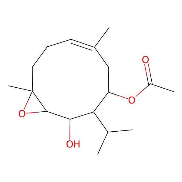 2D Structure of [(1R,2R,3S,4R,6E,10R)-2-hydroxy-6,10-dimethyl-3-propan-2-yl-11-oxabicyclo[8.1.0]undec-6-en-4-yl] acetate