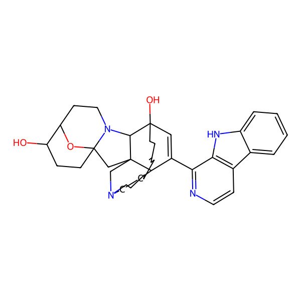 2D Structure of (1R,2R,4R,7R,8S,12R,13S,16Z)-25-(9H-pyrido[3,4-b]indol-1-yl)-28-oxa-11,22-diazahexacyclo[11.11.2.12,22.14,8.02,12.04,11]octacosa-16,25-diene-7,13-diol