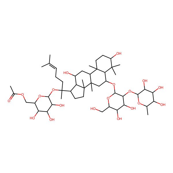 2D Structure of [6-[2-[6-[4,5-dihydroxy-6-(hydroxymethyl)-3-(3,4,5-trihydroxy-6-methyloxan-2-yl)oxyoxan-2-yl]oxy-3,12-dihydroxy-4,4,8,10,14-pentamethyl-2,3,5,6,7,9,11,12,13,15,16,17-dodecahydro-1H-cyclopenta[a]phenanthren-17-yl]-6-methylhept-5-en-2-yl]oxy-3,4,5-trihydroxyoxan-2-yl]methyl acetate