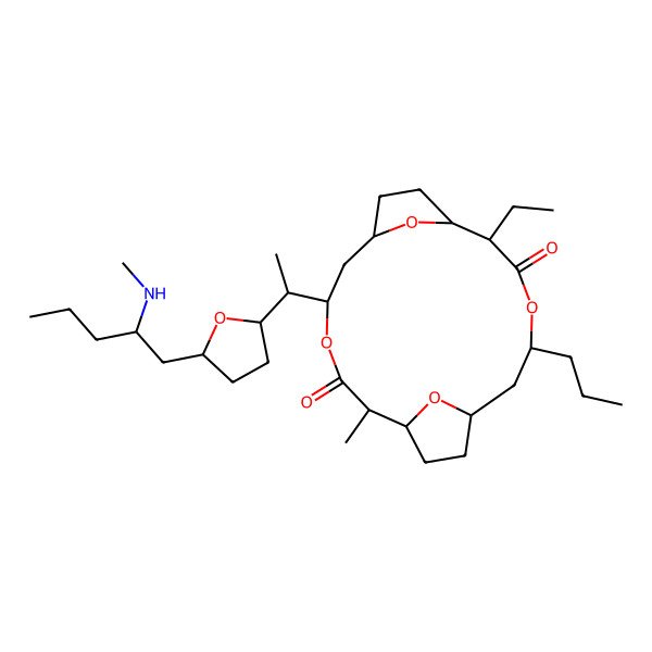 2D Structure of 2-Ethyl-11-methyl-14-[1-[5-[2-(methylamino)pentyl]oxolan-2-yl]ethyl]-5-propyl-4,13,19,20-tetraoxatricyclo[14.2.1.17,10]icosane-3,12-dione