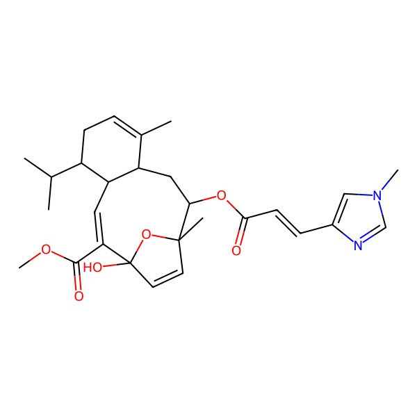 2D Structure of methyl (1R,2E,4S,5R,9R,11R,12R)-1-hydroxy-8,12-dimethyl-11-[(E)-3-(1-methylimidazol-4-yl)prop-2-enoyl]oxy-5-propan-2-yl-15-oxatricyclo[10.2.1.04,9]pentadeca-2,7,13-triene-2-carboxylate