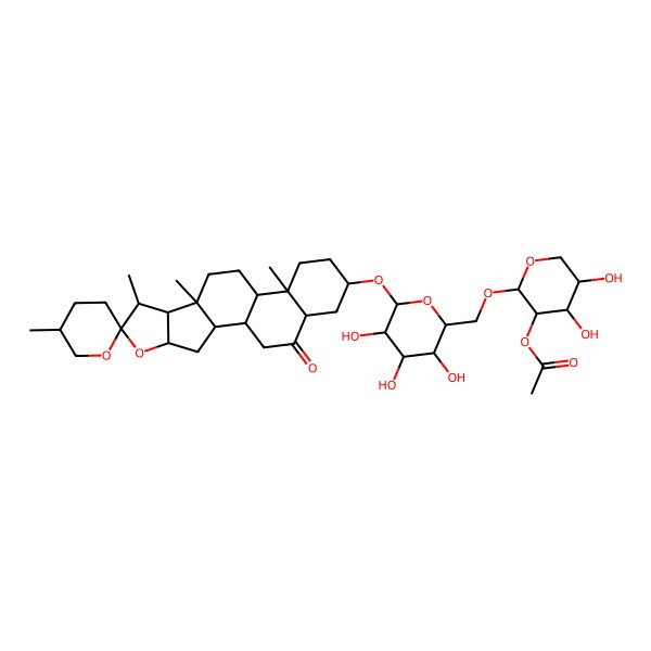 2D Structure of [(2S,3R,4S,5S)-4,5-dihydroxy-2-[[(2R,3S,4S,5R,6R)-3,4,5-trihydroxy-6-[(1R,2S,4S,5'R,6R,7S,8R,9S,12S,13R,16S,18S)-5',7,9,13-tetramethyl-19-oxospiro[5-oxapentacyclo[10.8.0.02,9.04,8.013,18]icosane-6,2'-oxane]-16-yl]oxyoxan-2-yl]methoxy]oxan-3-yl] acetate