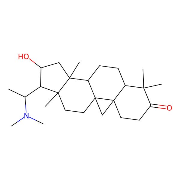 2D Structure of (1S,3R,8R,11S,12S,14R,15S,16R)-15-[(1S)-1-(dimethylamino)ethyl]-14-hydroxy-7,7,12,16-tetramethylpentacyclo[9.7.0.01,3.03,8.012,16]octadecan-6-one