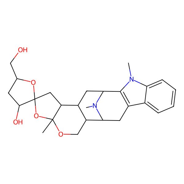 2D Structure of 5'-(Hydroxymethyl)-3,16,23-trimethylspiro[15,17-dioxa-3,23-diazahexacyclo[10.10.1.02,10.04,9.013,21.016,20]tricosa-2(10),4,6,8-tetraene-18,2'-oxolane]-3'-ol