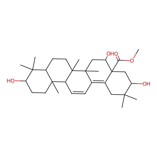 2D Structure of methyl (3S,4aS,5S,6aR,6aS,6bR,8aR,10S,12aR)-3,5,10-trihydroxy-2,2,6a,6b,9,9,12a-heptamethyl-1,3,4,5,6,6a,7,8,8a,10,11,12-dodecahydropicene-4a-carboxylate