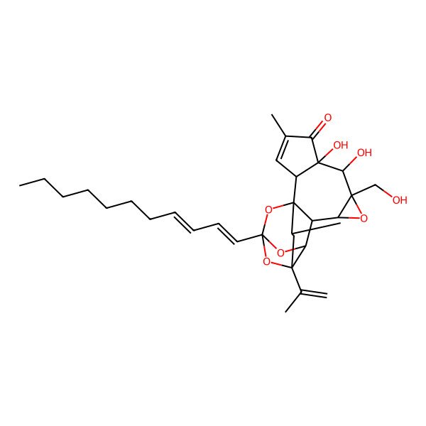 2D Structure of (1R,2R,6S,7S,8R,10S,11S,12R,14S,16R,18R)-6,7-dihydroxy-8-(hydroxymethyl)-4,18-dimethyl-16-prop-1-en-2-yl-14-[(1E,3E)-undeca-1,3-dienyl]-9,13,15,19-tetraoxahexacyclo[12.4.1.01,11.02,6.08,10.012,16]nonadec-3-en-5-one