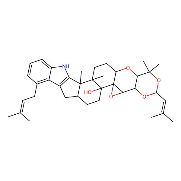 2D Structure of 1,2,24,24-Tetramethyl-9-(3-methylbut-2-enyl)-22-(2-methylprop-1-enyl)-18,21,23,26-tetraoxa-4-azaoctacyclo[14.13.0.02,13.03,11.05,10.017,19.017,27.020,25]nonacosa-3(11),5,7,9-tetraen-16-ol