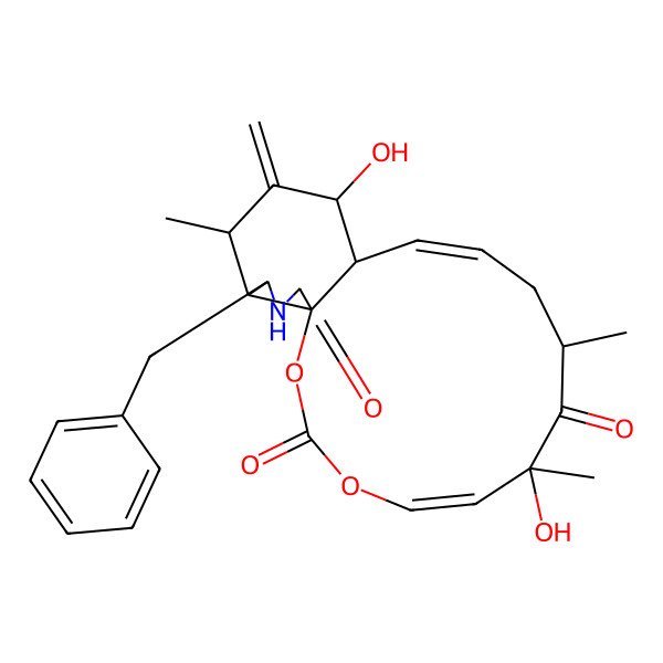 2D Structure of 18-Benzyl-7,14-dihydroxy-7,9,16-trimethyl-15-methylidene-2,4-dioxa-19-azatricyclo[11.7.0.01,17]icosa-5,11-diene-3,8,20-trione