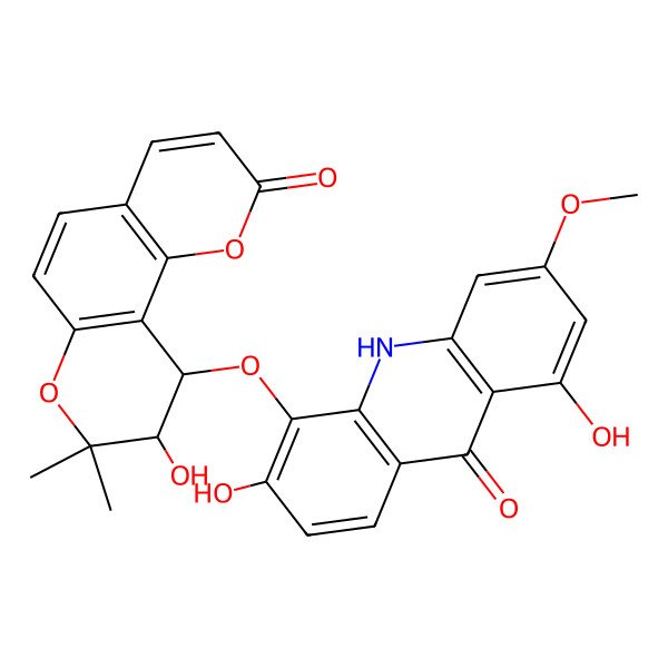2D Structure of 1,6-dihydroxy-5-[[(9S,10R)-9-hydroxy-8,8-dimethyl-2-oxo-9,10-dihydropyrano[2,3-f]chromen-10-yl]oxy]-3-methoxy-10H-acridin-9-one