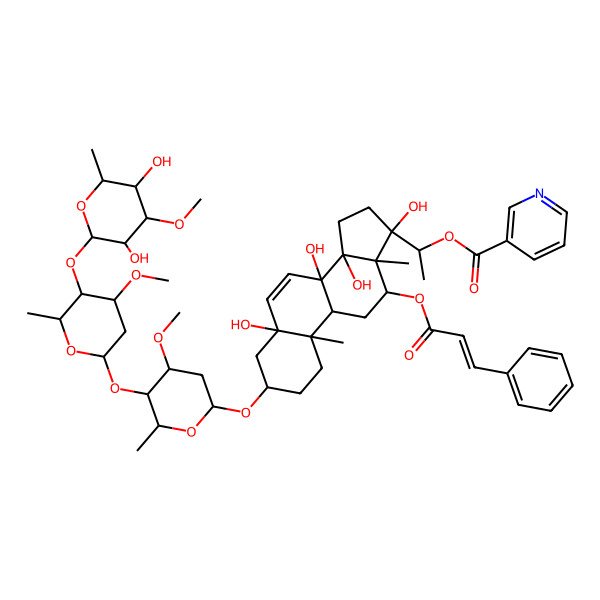 2D Structure of 1-[(3S,5S,8S,9R,10R,13R,14R,17S)-3-[(2R,4S,5R,6R)-5-[(2S,4R,5R,6R)-5-[(2S,3R,4S,5R,6R)-3,5-dihydroxy-4-methoxy-6-methyloxan-2-yl]oxy-4-methoxy-6-methyloxan-2-yl]oxy-4-methoxy-6-methyloxan-2-yl]oxy-5,8,14,17-tetrahydroxy-10,13-dimethyl-12-[(E)-3-phenylprop-2-enoyl]oxy-2,3,4,9,11,12,15,16-octahydro-1H-cyclopenta[a]phenanthren-17-yl]ethyl pyridine-3-carboxylate
