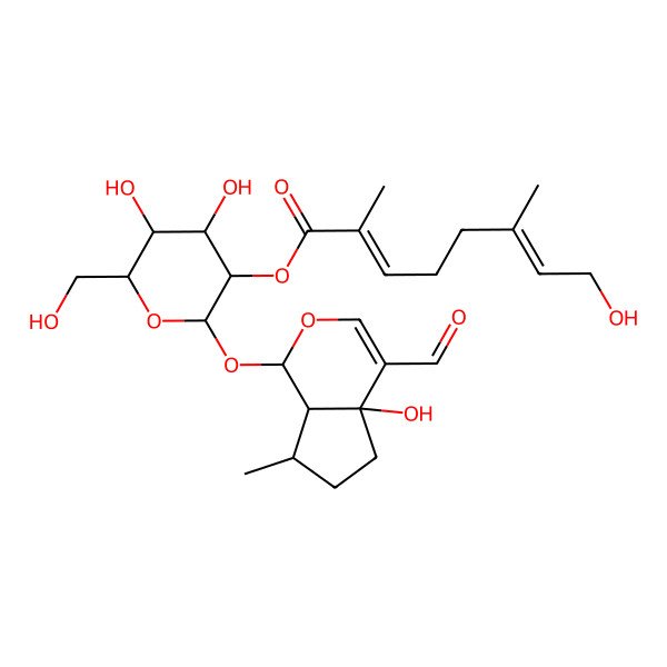 2D Structure of [(2S,3R,4S,5S,6R)-2-[[(1S,4aR,7R,7aR)-4-formyl-4a-hydroxy-7-methyl-5,6,7,7a-tetrahydro-1H-cyclopenta[c]pyran-1-yl]oxy]-4,5-dihydroxy-6-(hydroxymethyl)oxan-3-yl] (2E,6E)-8-hydroxy-2,6-dimethylocta-2,6-dienoate
