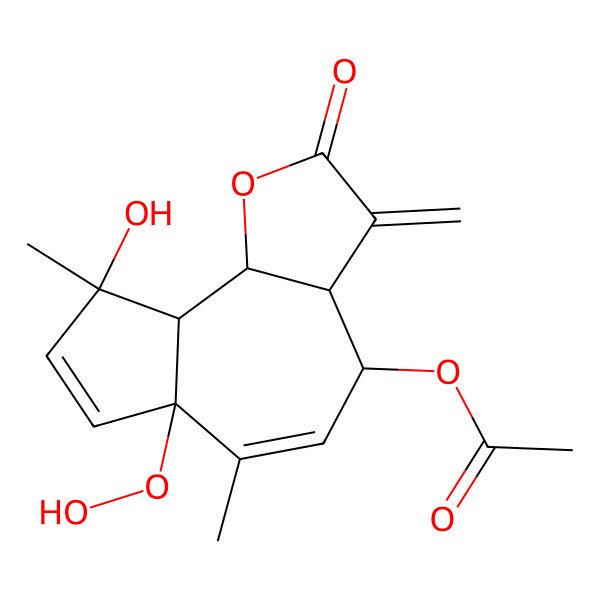 2D Structure of (6a-Hydroperoxy-9-hydroxy-6,9-dimethyl-3-methylidene-2-oxo-3a,4,9a,9b-tetrahydroazuleno[4,5-b]furan-4-yl) acetate
