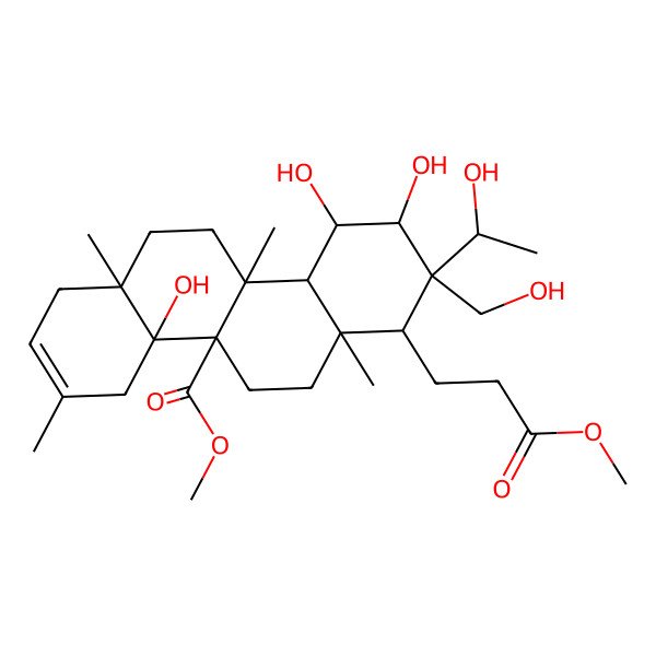 2D Structure of methyl (4aS,4bS,6aS,7S,8R,9R,10S,10aS,10bR,12aS)-4a,9,10-trihydroxy-8-[(1R)-1-hydroxyethyl]-8-(hydroxymethyl)-7-(3-methoxy-3-oxopropyl)-3,6a,10b,12a-tetramethyl-1,4,5,6,7,9,10,10a,11,12-decahydrochrysene-4b-carboxylate