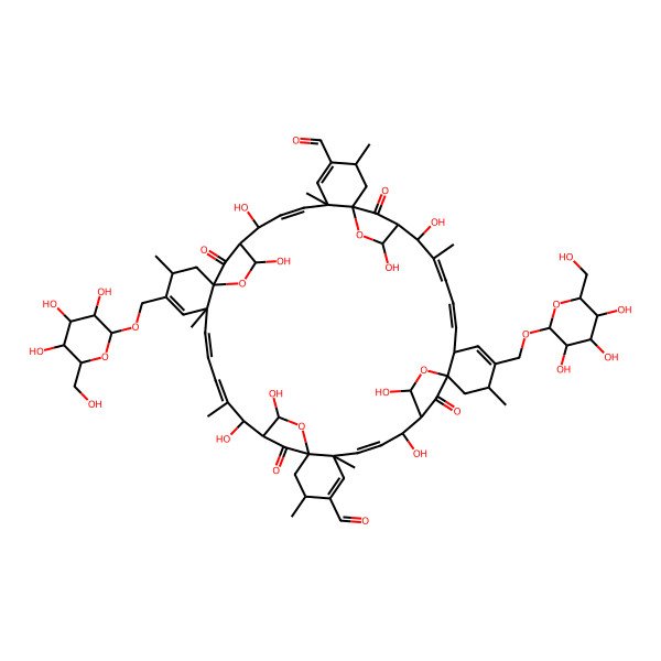 2D Structure of (7E,19E,21E,33E,45E,47E)-9,11,23,25,35,37,49,51-octahydroxy-3,6,15,18,22,29,32,41,48-nonamethyl-53,54,55,56-tetraoxo-16,42-bis[[(2S,3R,4S,5R,6R)-3,4,5-trihydroxy-6-(hydroxymethyl)oxan-2-yl]oxymethyl]-12,26,38,52-tetraoxanonacyclo[48.2.1.110,13.124,27.136,39.01,6.013,18.027,32.039,44]hexapentaconta-4,7,16,19,21,30,33,42,45,47-decaene-4,30-dicarbaldehyde