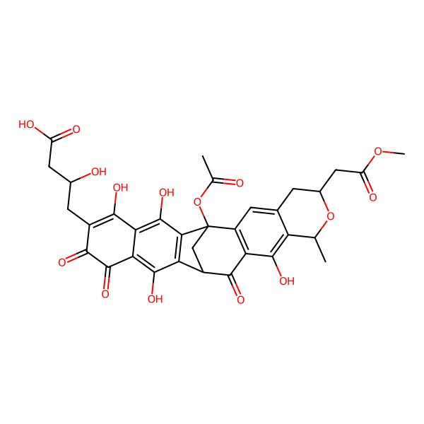 2D Structure of (3R)-4-[(1S,6R,8S,13R)-1-acetyloxy-10,15,20,22-tetrahydroxy-6-(2-methoxy-2-oxoethyl)-8-methyl-12,17,18-trioxo-7-oxahexacyclo[11.10.1.02,11.04,9.014,23.016,21]tetracosa-2(11),3,9,14(23),15,19,21-heptaen-19-yl]-3-hydroxybutanoic acid