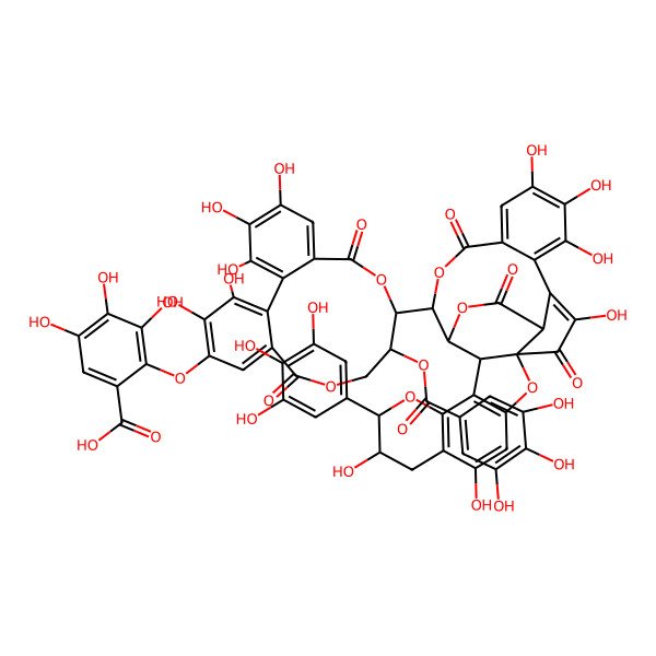 2D Structure of 2-[[12-[5,8,20,21,22,25-Hexahydroxy-17,26,28-trioxo-9-(3,4,5-trihydroxyphenyl)-2,10,16,29-tetraoxaheptacyclo[12.12.3.01,13.03,12.06,11.018,23.024,27]nonacosa-3(12),4,6(11),18,20,22,24-heptaen-15-yl]-3,4,17,18,19-pentahydroxy-8,14-dioxo-11-(3,4,5-trihydroxybenzoyl)oxy-9,13-dioxatricyclo[13.4.0.02,7]nonadeca-1(19),2,4,6,15,17-hexaen-5-yl]oxy]-3,4,5-trihydroxybenzoic acid