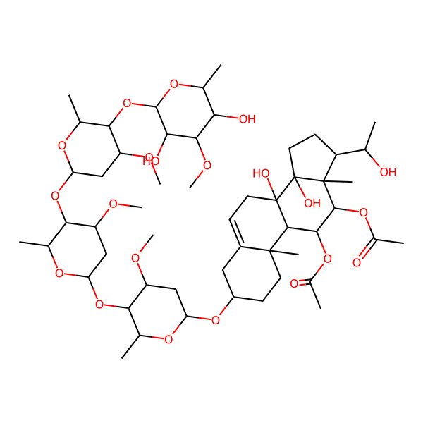 2D Structure of [12-acetyloxy-3-[5-[5-[5-(3,5-dihydroxy-4-methoxy-6-methyloxan-2-yl)oxy-4-methoxy-6-methyloxan-2-yl]oxy-4-methoxy-6-methyloxan-2-yl]oxy-4-methoxy-6-methyloxan-2-yl]oxy-8,14-dihydroxy-17-(1-hydroxyethyl)-10,13-dimethyl-2,3,4,7,9,11,12,15,16,17-decahydro-1H-cyclopenta[a]phenanthren-11-yl] acetate