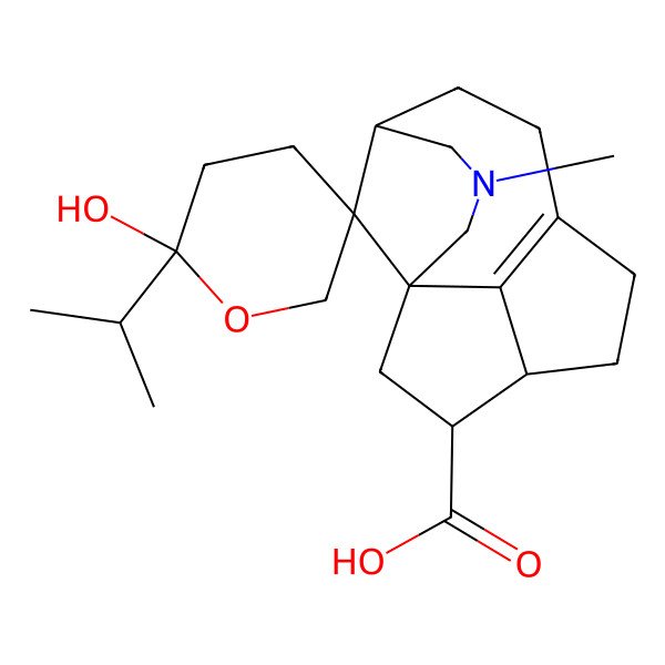 2D Structure of (1S,2'S,5R,11S,12S,15R)-2'-hydroxy-3-methyl-2'-propan-2-ylspiro[3-azatetracyclo[6.5.1.11,5.011,14]pentadec-8(14)-ene-15,5'-oxane]-12-carboxylic acid