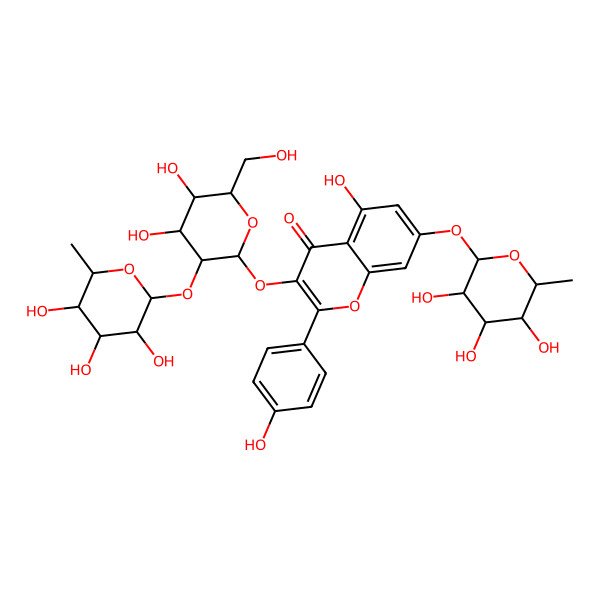 2D Structure of 3-[(2S,3R,4S,5R,6S)-4,5-dihydroxy-6-(hydroxymethyl)-3-[(2S,3S,4S,5R,6S)-3,4,5-trihydroxy-6-methyloxan-2-yl]oxyoxan-2-yl]oxy-5-hydroxy-2-(4-hydroxyphenyl)-7-[(2S,3R,4S,5R,6S)-3,4,5-trihydroxy-6-methyloxan-2-yl]oxychromen-4-one
