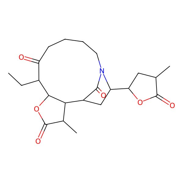 2D Structure of 7-Ethyl-3-methyl-14-(4-methyl-5-oxooxolan-2-yl)-5-oxa-13-azatricyclo[11.2.1.02,6]hexadecane-4,8,16-trione