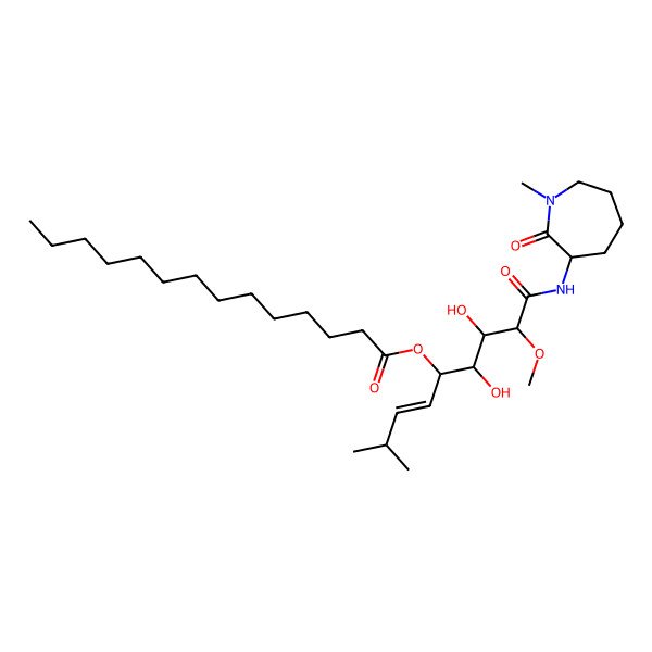 2D Structure of [(E)-6,7-dihydroxy-8-methoxy-2-methyl-9-[(1-methyl-2-oxoazepan-3-yl)amino]-9-oxonon-3-en-5-yl] tetradecanoate