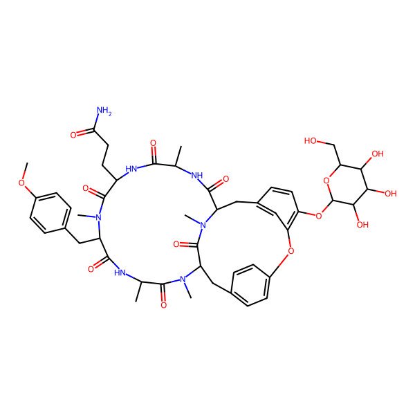 2D Structure of 3-[10-[(4-Methoxyphenyl)methyl]-4,9,13,15,29-pentamethyl-2,5,8,11,14,30-hexaoxo-24-[3,4,5-trihydroxy-6-(hydroxymethyl)oxan-2-yl]oxy-22-oxa-3,6,9,12,15,29-hexazatetracyclo[14.12.2.218,21.123,27]tritriaconta-18,20,23,25,27(31),32-hexaen-7-yl]propanamide