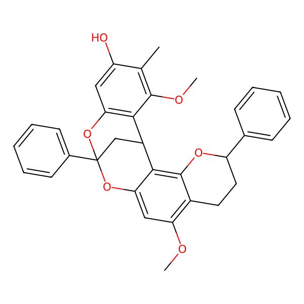 2D Structure of (1R,5R,13R)-9,19-dimethoxy-18-methyl-5,13-diphenyl-4,12,14-trioxapentacyclo[11.7.1.02,11.03,8.015,20]henicosa-2,8,10,15(20),16,18-hexaen-17-ol