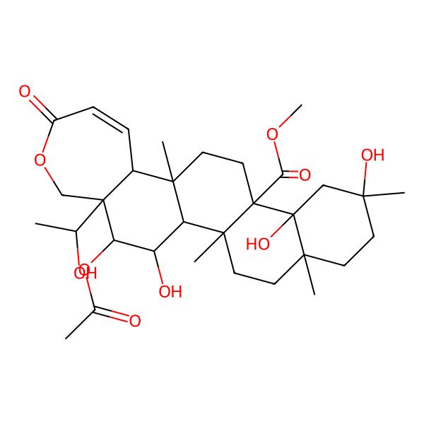2D Structure of methyl (1S,2R,5S,8R,10S,11S,14S,15S,21R,22R,23S)-22-acetyloxy-8,10,23-trihydroxy-21-[(1R)-1-hydroxyethyl]-2,5,8,14-tetramethyl-18-oxo-19-oxapentacyclo[12.9.0.02,11.05,10.015,21]tricos-16-ene-11-carboxylate