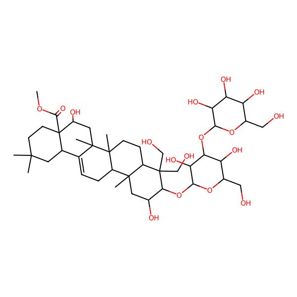 2D Structure of methyl (4aR,5R,6aR,6aS,6bR,8aR,10R,11S,12aR,14bS)-10-[(2R,3R,4S,5R,6R)-3,5-dihydroxy-6-(hydroxymethyl)-4-[(2S,3R,4S,5S,6R)-3,4,5-trihydroxy-6-(hydroxymethyl)oxan-2-yl]oxyoxan-2-yl]oxy-5,11-dihydroxy-9,9-bis(hydroxymethyl)-2,2,6a,6b,12a-pentamethyl-1,3,4,5,6,6a,7,8,8a,10,11,12,13,14b-tetradecahydropicene-4a-carboxylate