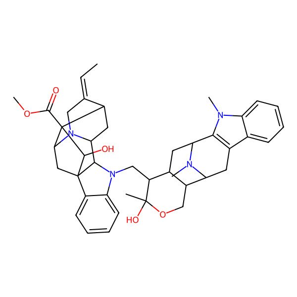 2D Structure of methyl (1R,9R,10S,12S,13E,16S,17R,18R)-13-ethylidene-18-hydroxy-8-[[(1S,12S,13R,16R,17R,18R)-16-hydroxy-3,16,20-trimethyl-15-oxa-3,20-diazapentacyclo[10.7.1.02,10.04,9.013,18]icosa-2(10),4,6,8-tetraen-17-yl]methyl]-8,15-diazahexacyclo[14.2.1.01,9.02,7.010,15.012,17]nonadeca-2,4,6-triene-17-carboxylate