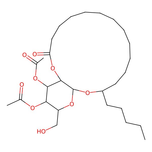 2D Structure of [21-Acetyloxy-19-(hydroxymethyl)-3-oxo-15-pentyl-2,16,18-trioxabicyclo[15.4.0]henicosan-20-yl] acetate
